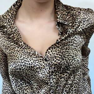 Zara Leopard Print Silky Satin Button-down Blouse
